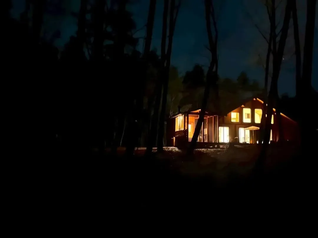 夜の森に静かに灯る明かりが、建物の輪郭をやわらかく浮かび上が...